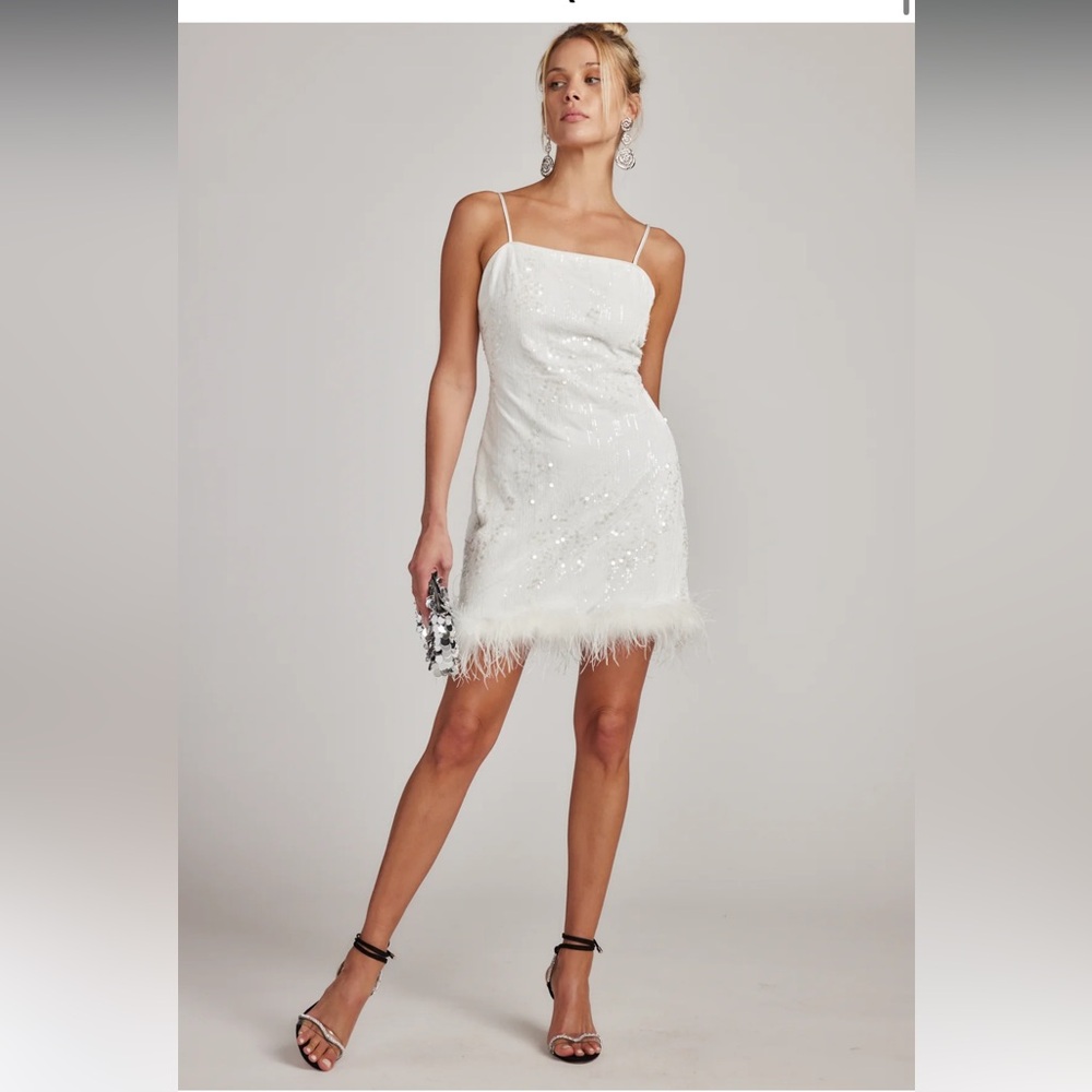 12th Tribe White Priscilla Sequin Mini Dress with Feather Trim